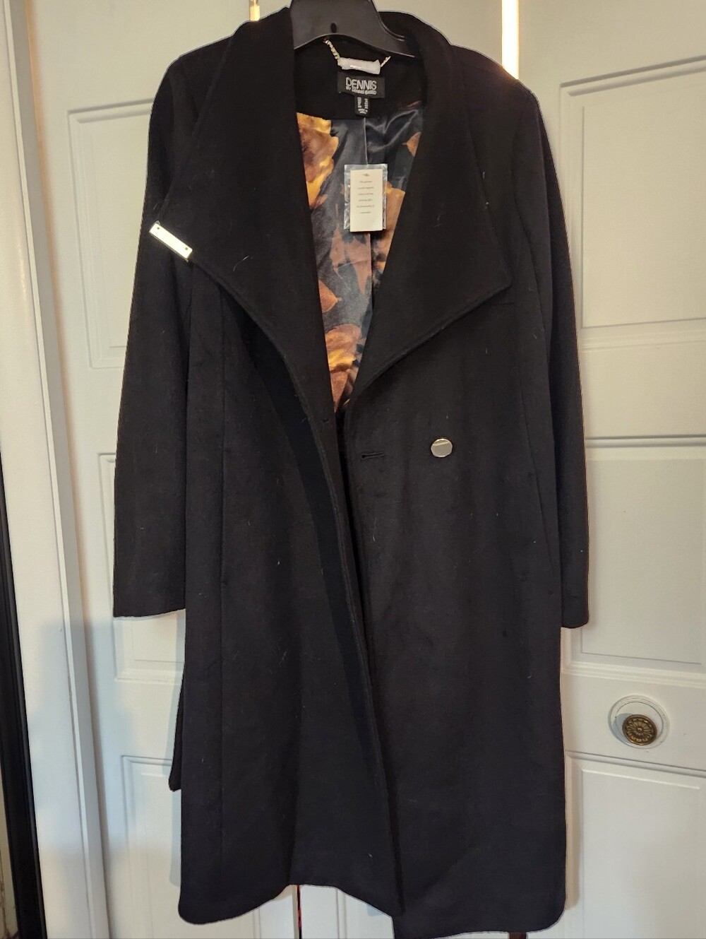 DENNIS BASSO BLACK SOFT WOOL/POLY TIE-WAIST COAT, 12